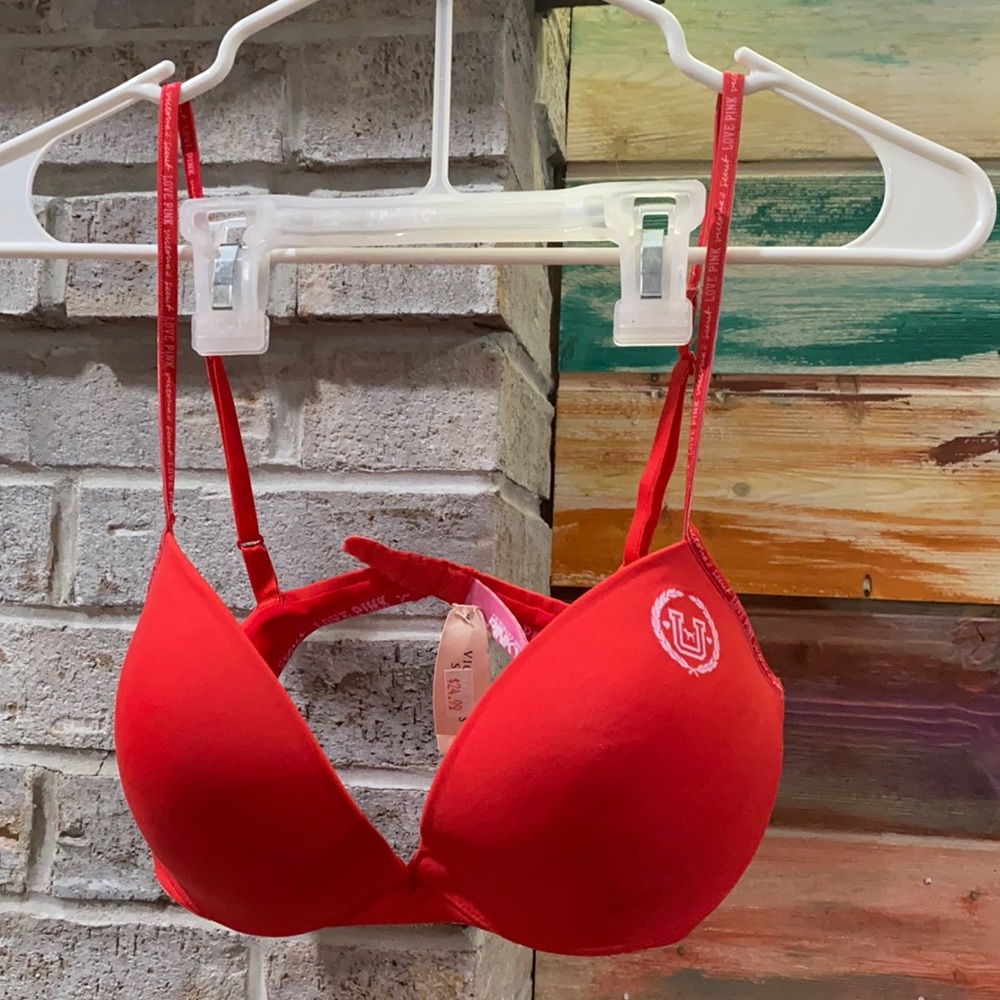 VS PINK collection reds pink and white bra with hook to male racer back